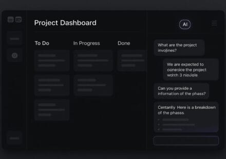 Notion AI project management dashboard with Kanban board and AI chat panel