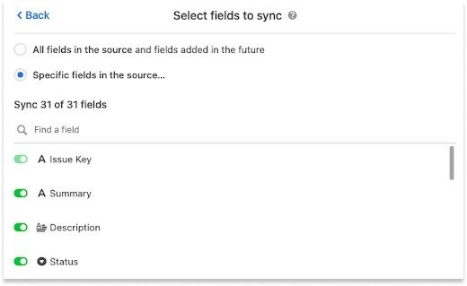 Airtable sync settings showing the Select fields to sync panel for a Jira Cloud sync
