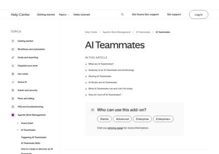 Asana Help Center AI Teammates article showing its contents and that the add-on is available on Starter, Advanced, Enterprise and Enterprise+
