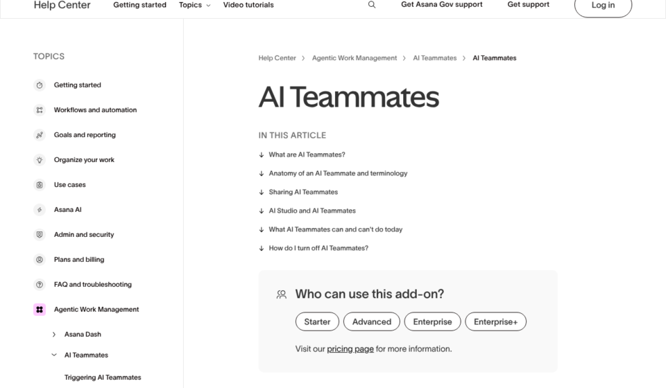 How to Set Up Asana AI Teammates in 2026: Step-by-Step, Access Rules and Real Costs Asana Help Center AI Teammates article showing its contents and that the add-on is available on Starter, Advanced, Enterprise and Enterprise+