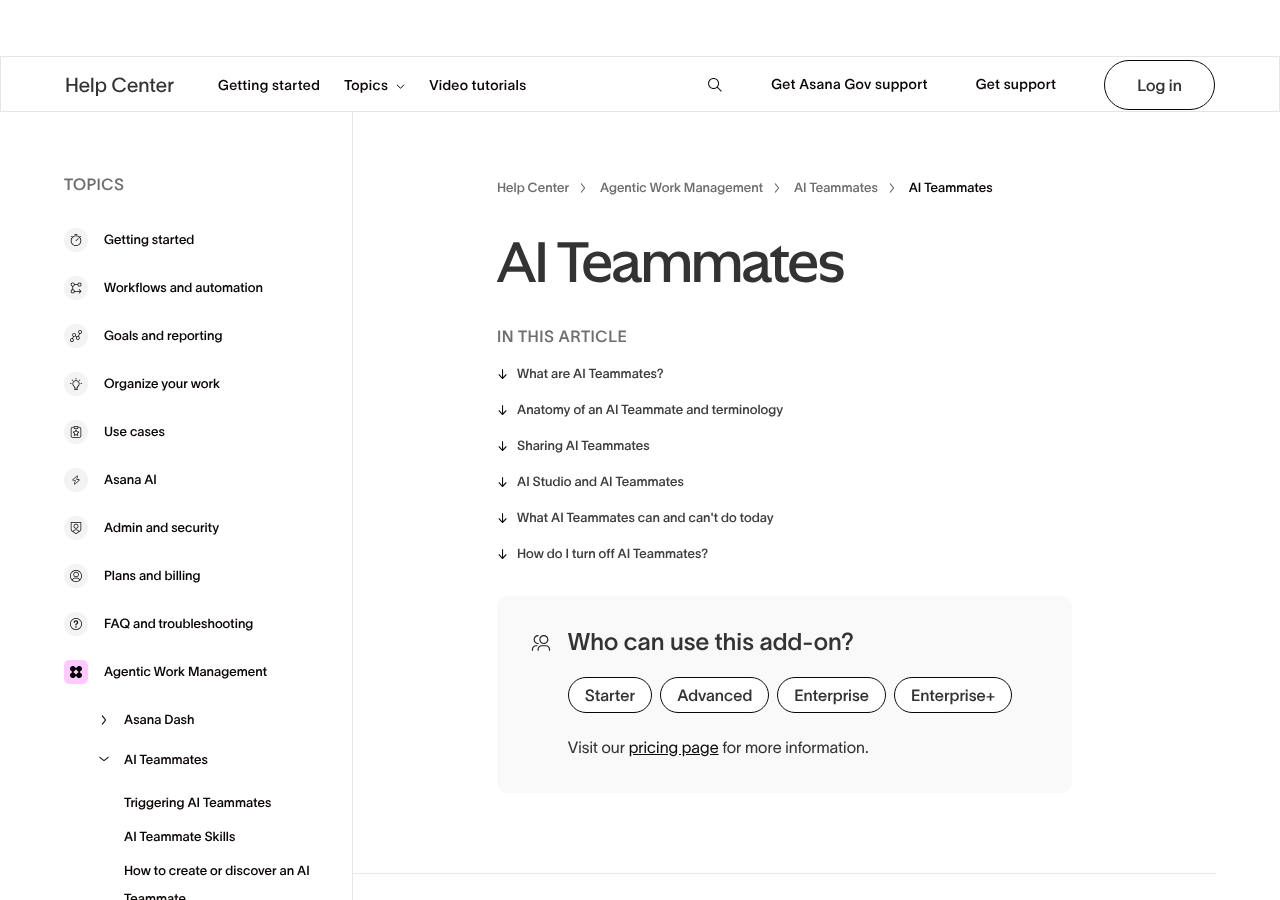 Asana Help Center AI Teammates article showing its contents and that the add-on is available on Starter, Advanced, Enterprise and Enterprise+