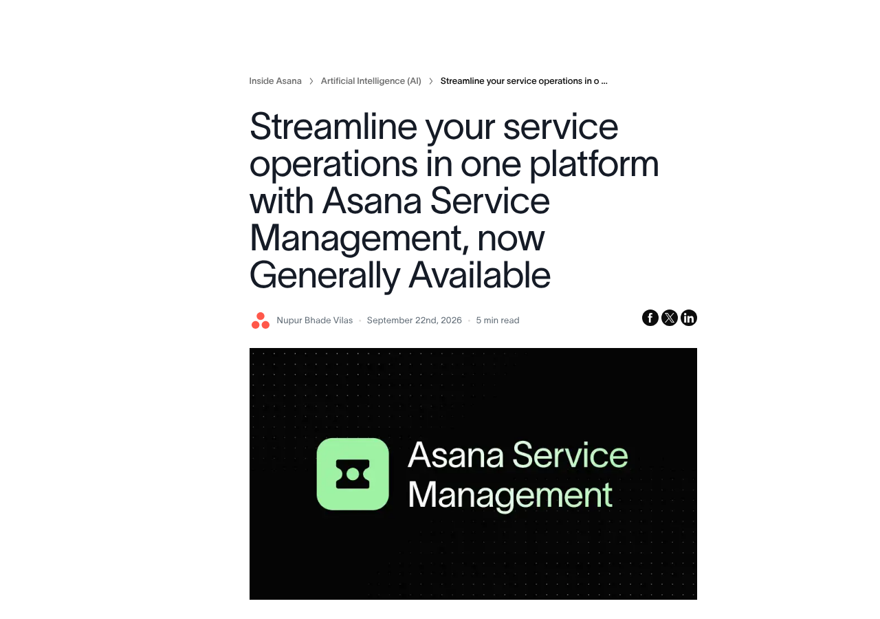 Asana's launch post for Asana Service Management, September 2026