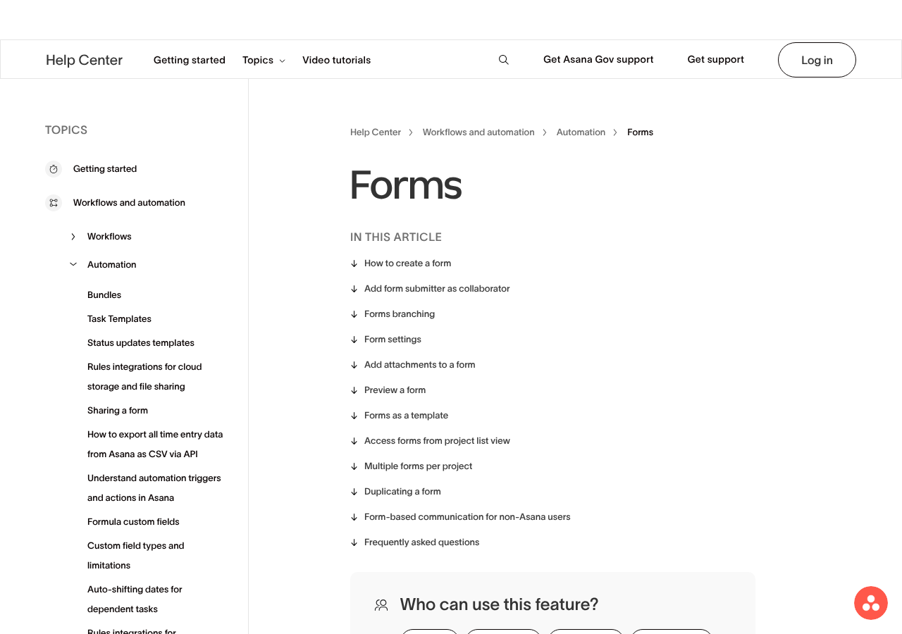 Asana Help Center forms article, October 2026