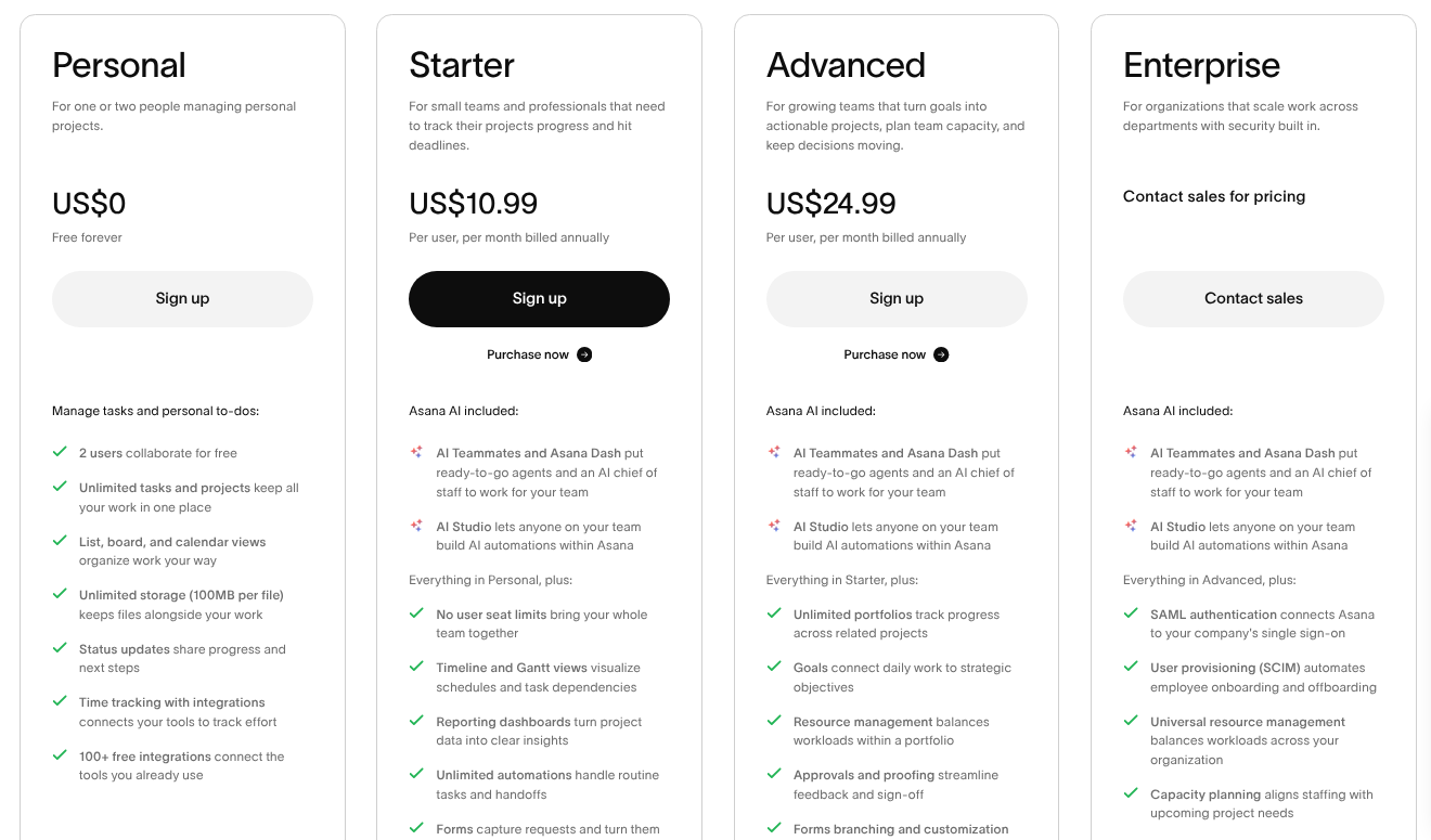 Asana pricing page showing Personal, Starter, Advanced and Enterprise plans