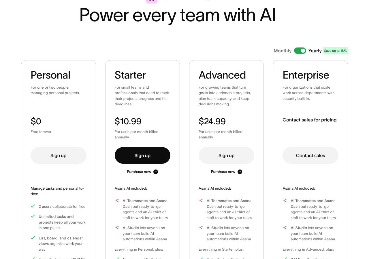 Asana pricing page on October 17, 2026 on yearly billing showing Personal at $0, Starter at $10.99 and Advanced at $24.99 per user a month, and Enterprise by quote