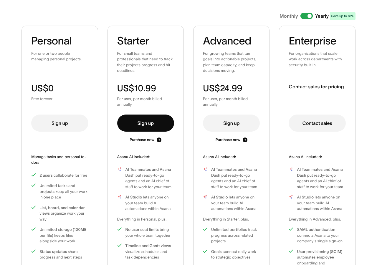 Asana pricing page on October 18, 2026 showing Personal free, Starter at US$10.99 and Advanced at US$24.99 per user per month billed annually
