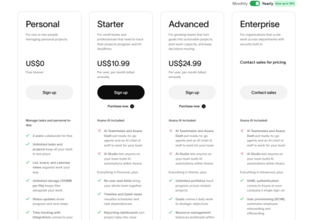 Asana pricing page showing Starter and Advanced plans with Timeline on paid tiers, checked October 19, 2026