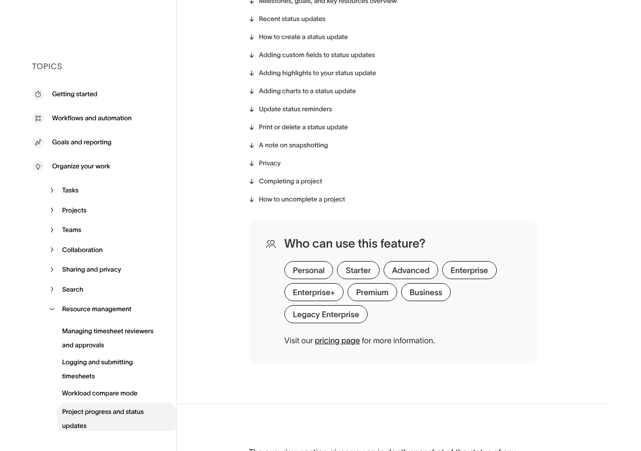 Asana help article on project progress and status updates, October 2026