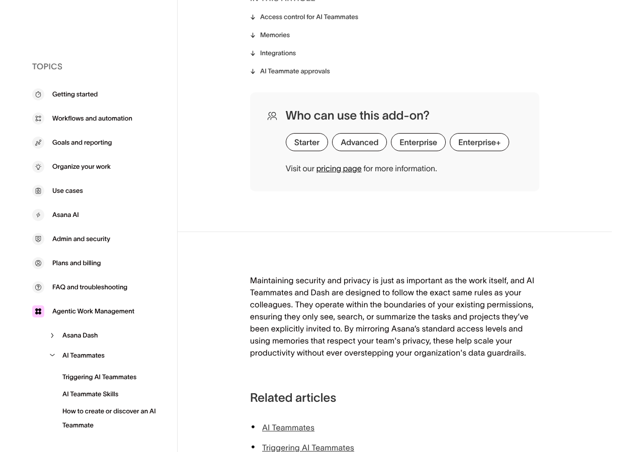 Asana Help Center page on AI Teammate access control explaining that Teammates follow existing permissions and only see work they are invited to