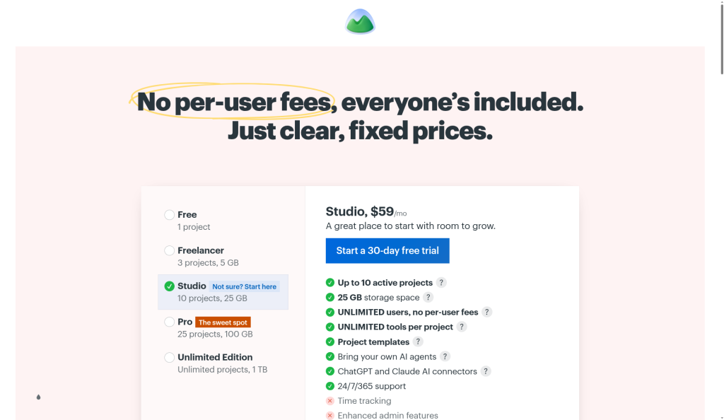 Basecamp public pricing page showing plan names and prices, Oct 2026