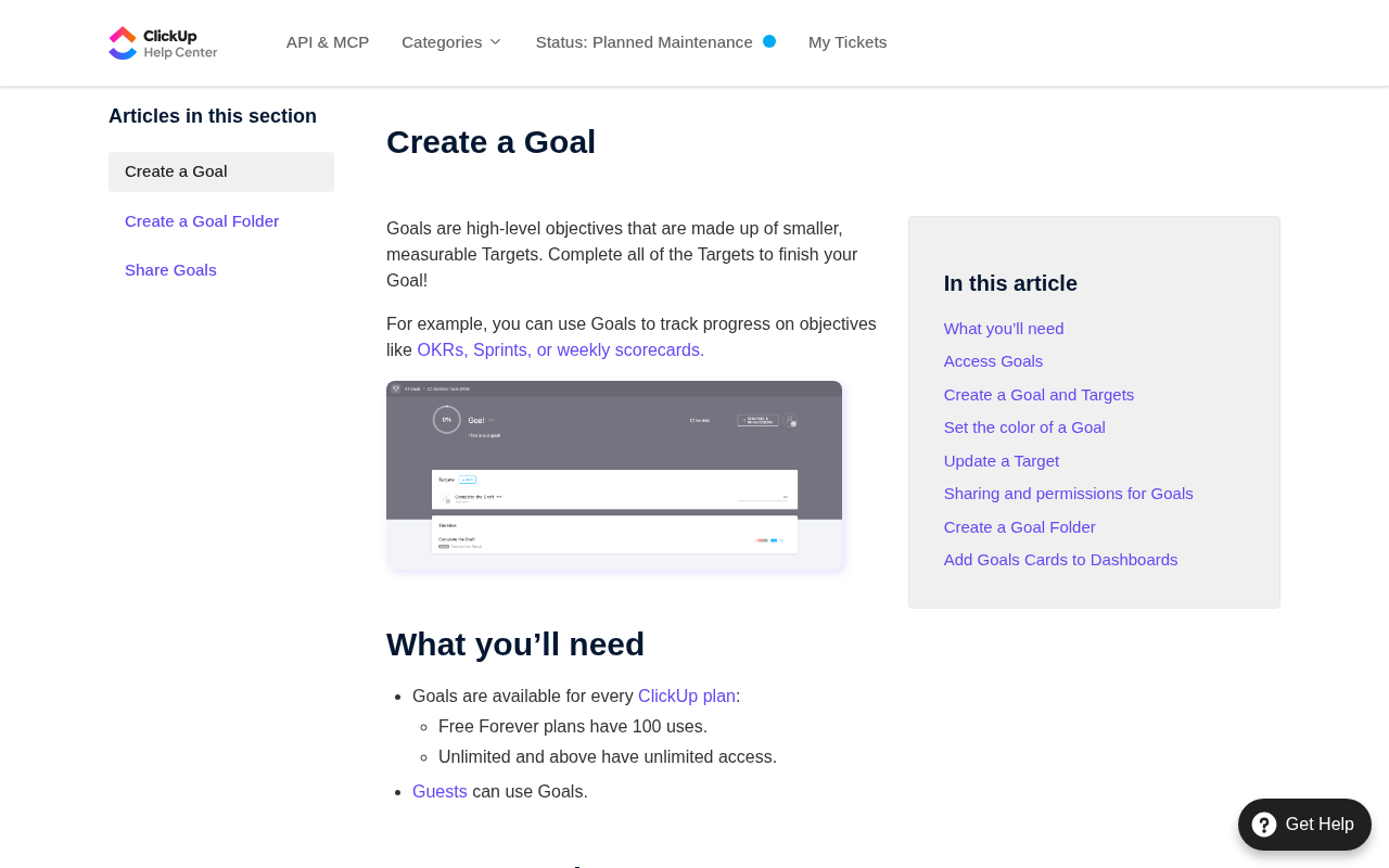 ClickUp Help Center article Create a Goal, showing that Free Forever plans have 100 uses and Unlimited and above have unlimited access