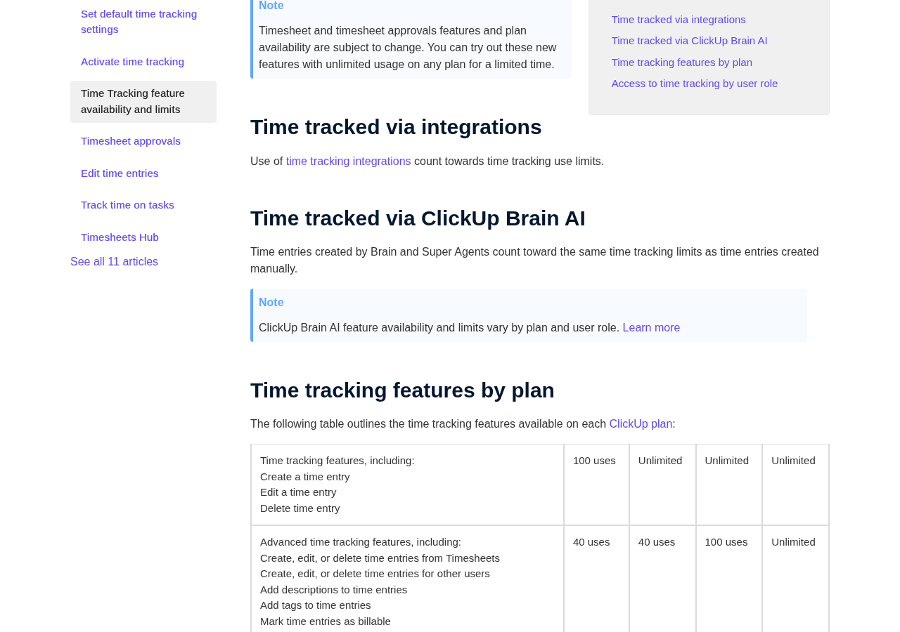 ClickUp help article showing time tracking feature limits by plan, October 19, 2026