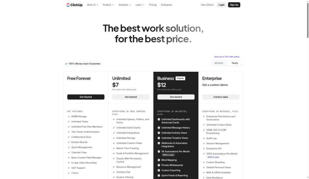 ClickUp pricing page showing Free Forever, Unlimited, Business and Enterprise plans