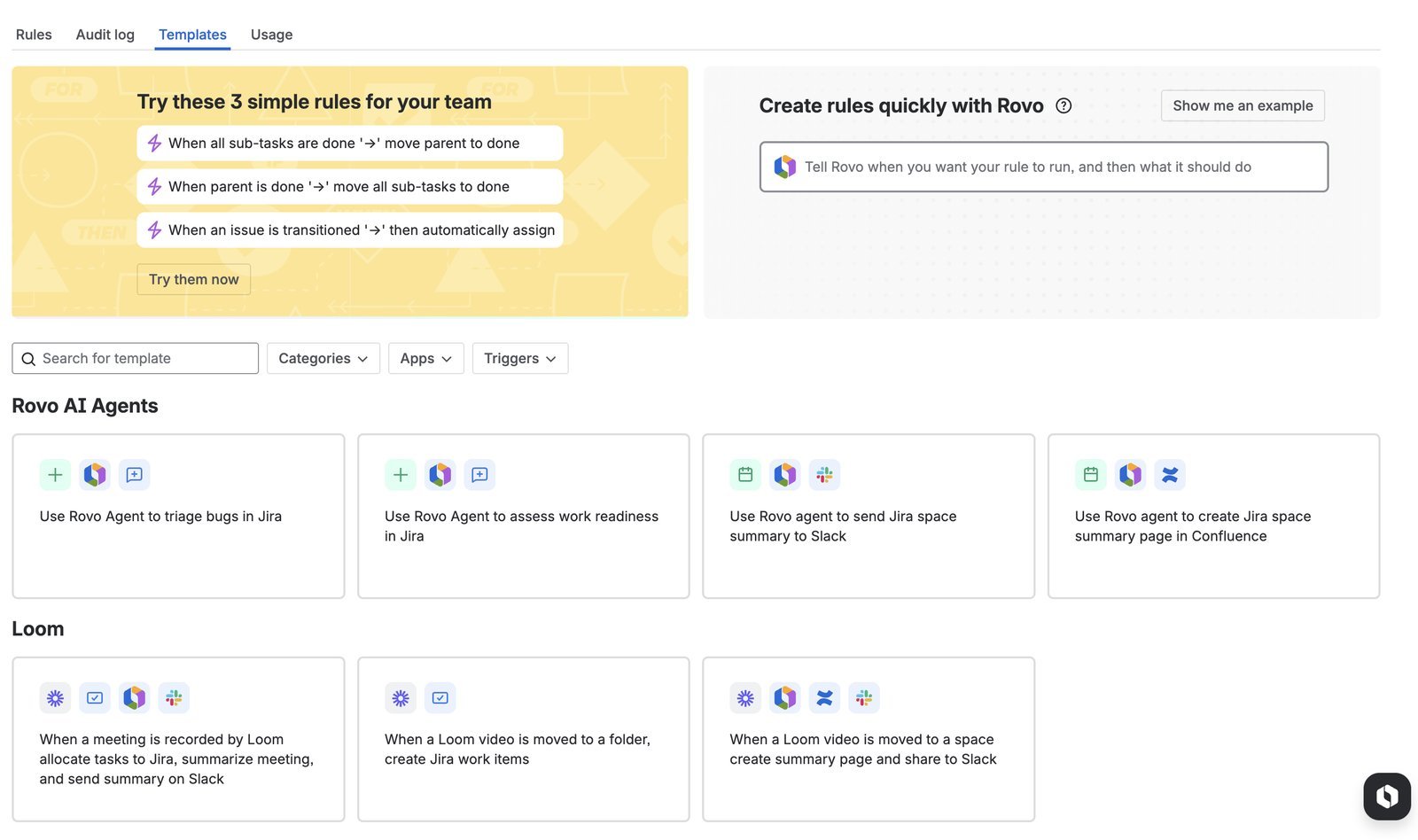 Jira automation templates screen showing suggested rules and Rovo agent templates