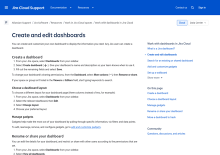 Atlassian Support page Create and edit dashboards for Jira Cloud, showing steps to create a dashboard, choose a layout and rename or share it