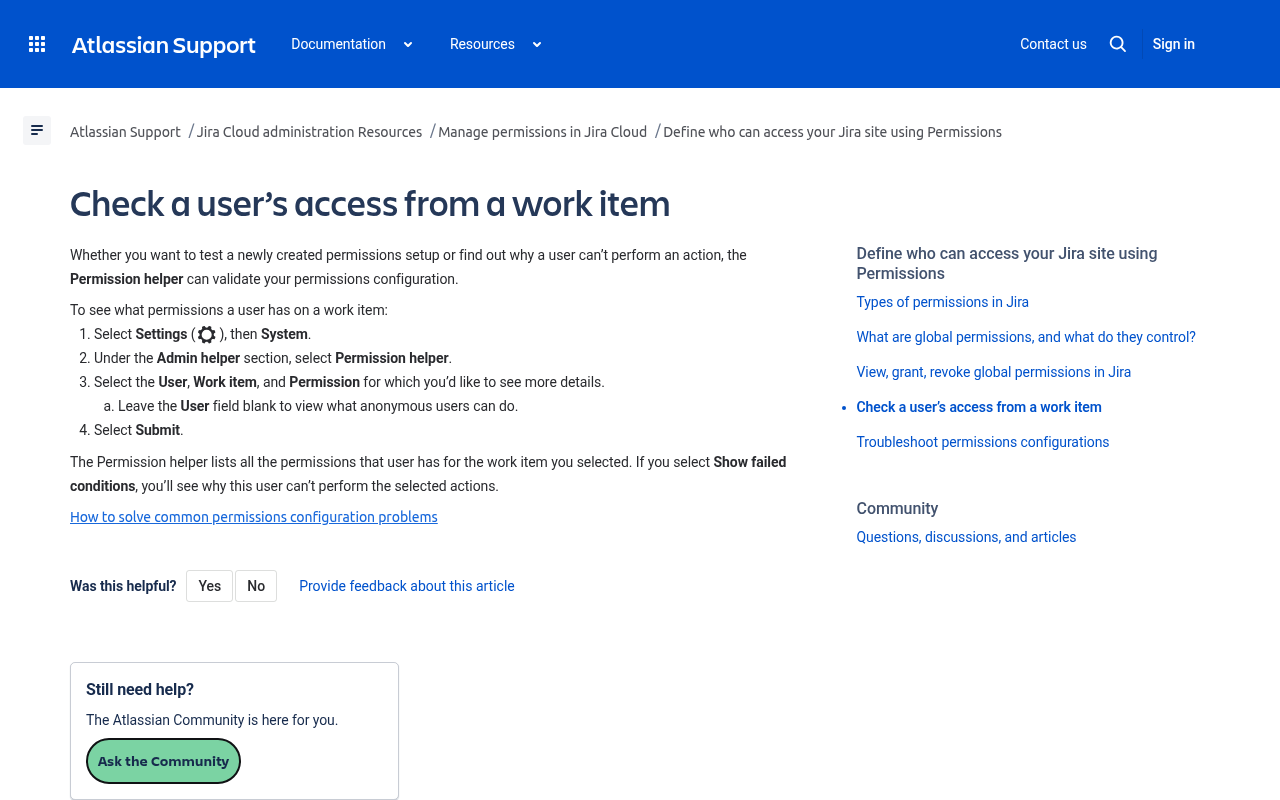 Atlassian Support page titled Check a user's access from a work item, with the steps to open the Permission helper under Settings, System, Admin helper
