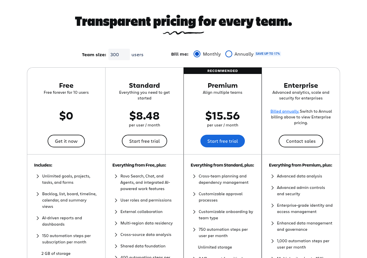 Jira pricing page on October 17, 2026 at the default 300-user view showing Free for 10 users, Standard at $8.48 and Premium at $15.56 per user per month