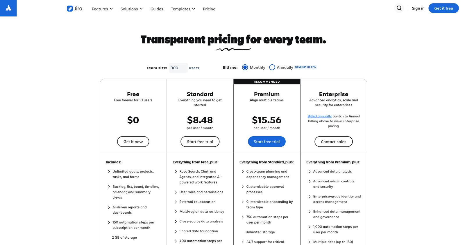 Jira pricing page showing Free for 10 users, Standard, Premium and Enterprise plans with automation steps per plan