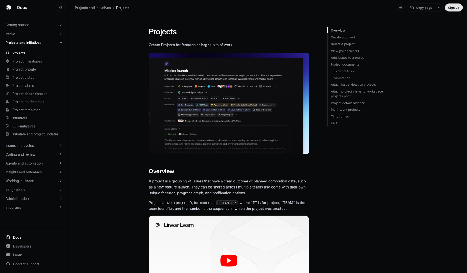 Linear Docs page titled Projects, with the left menu showing milestones, status, dependencies and initiatives