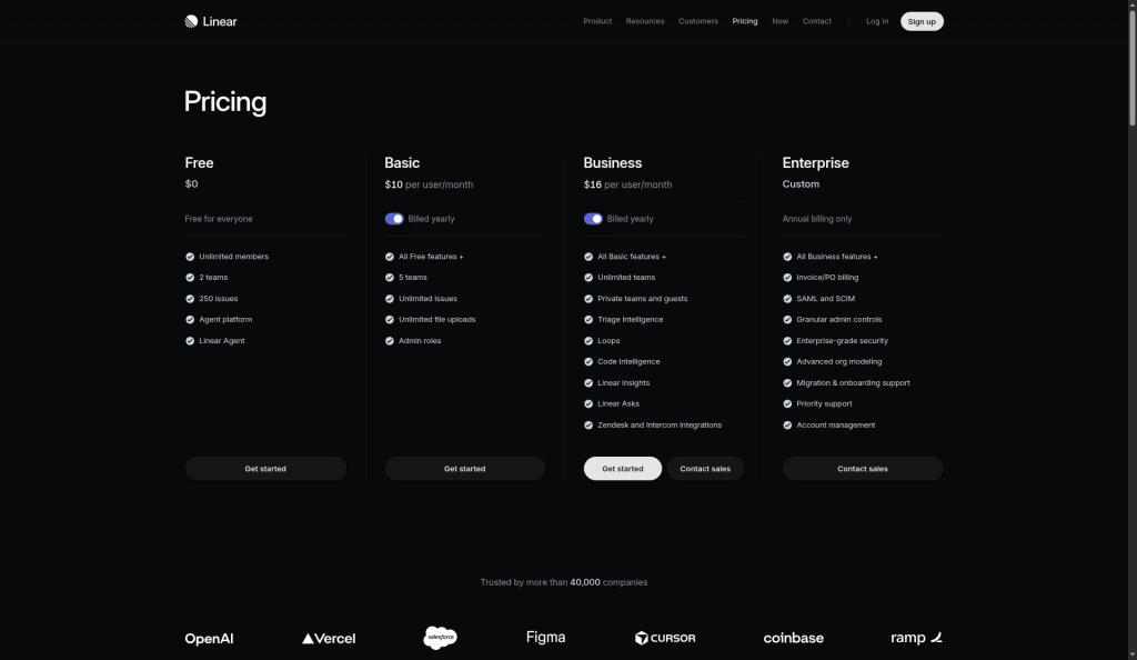 Linear pricing page showing Free, Basic at $10, Business at $16 and Enterprise plans billed yearly