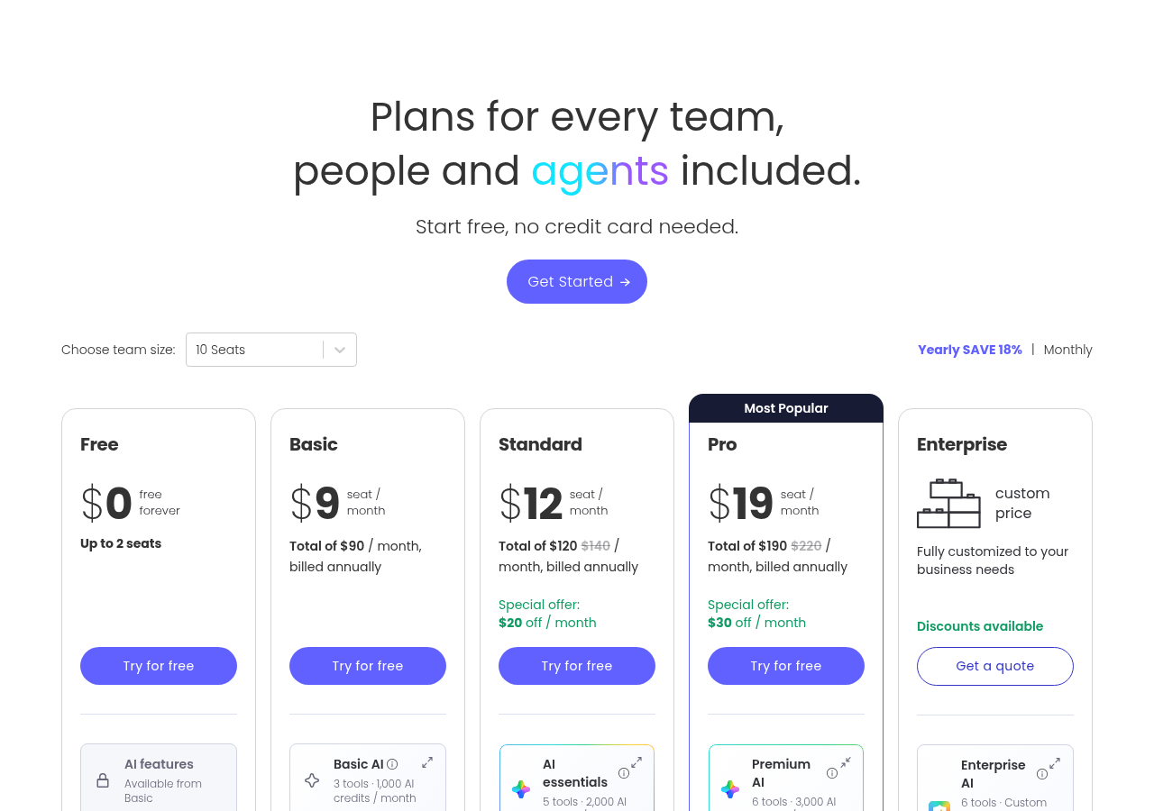 monday.com pricing page with Free, Basic, Standard, Pro and Enterprise plans