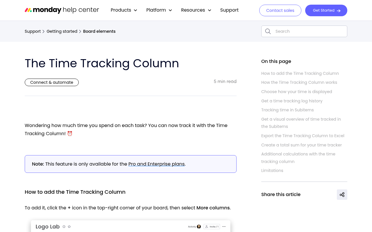 monday.com Support article The Time Tracking Column, noting the feature is only on Pro and Enterprise plans