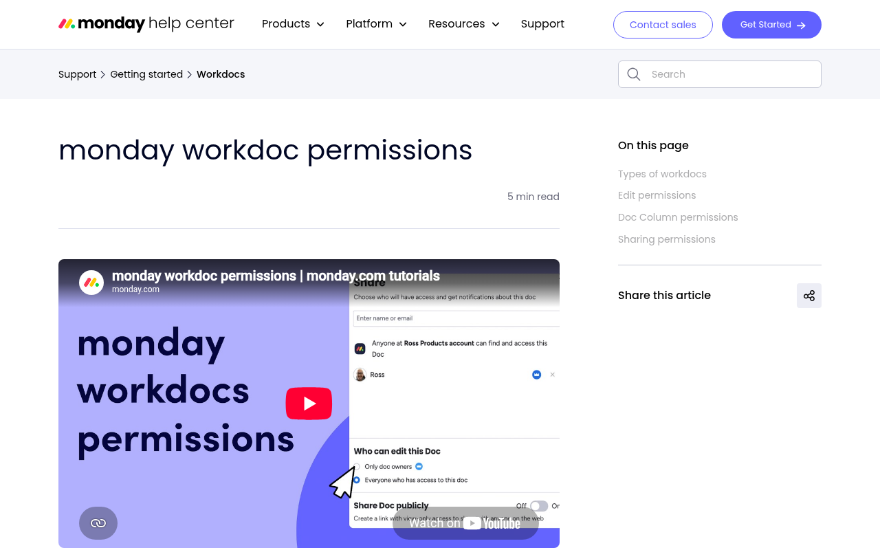 monday.com Help Center page titled monday workdoc permissions, showing the three doc types and the three edit permission options