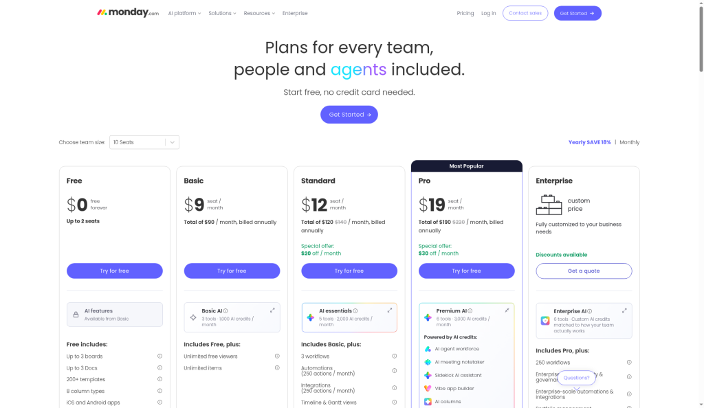 monday.com pricing page showing Free, Basic at $9, Standard at $12, Pro at $19 and Enterprise, with AI credits per plan