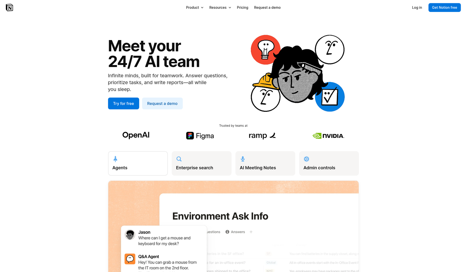 Notion AI product page with the headline Meet your 24/7 AI team and tabs for Agents, Enterprise search, AI Meeting Notes and Admin controls