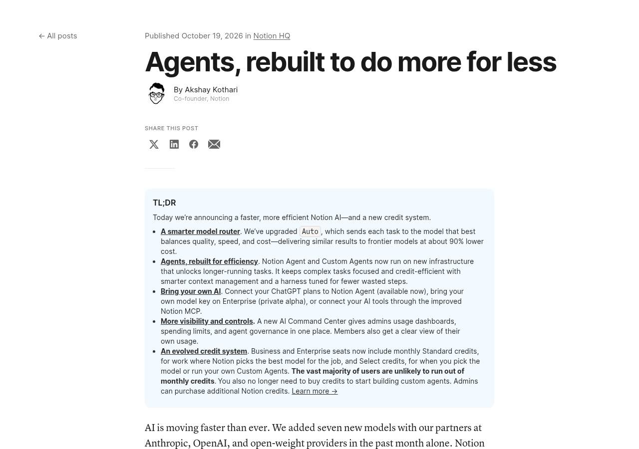 Notion blog post announcing agents rebuilt to do more for less