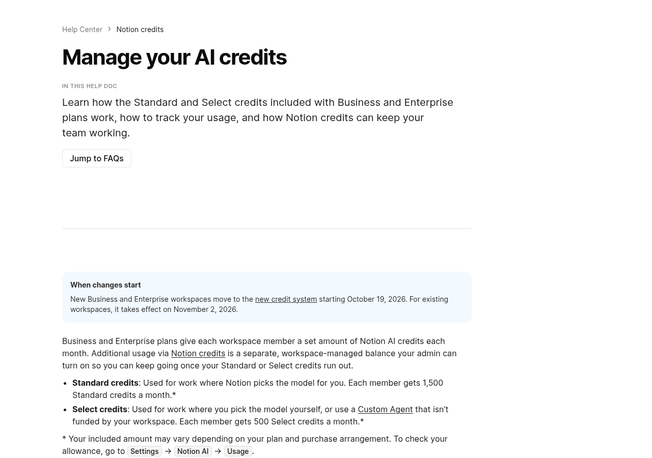 Notion Help page on managing AI credits