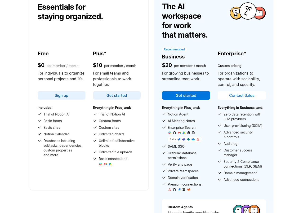 Notion pricing page on October 18, 2026 showing Free at $0, Plus at $10 and Business at $20 per member per month, and Enterprise custom pricing