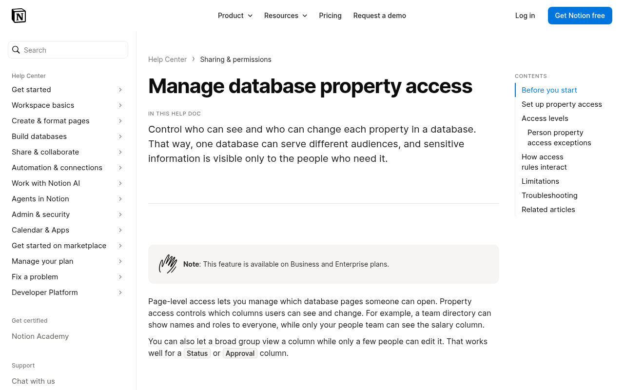 Notion Help Center page titled Manage database property access, noting the feature is on Business and Enterprise plans