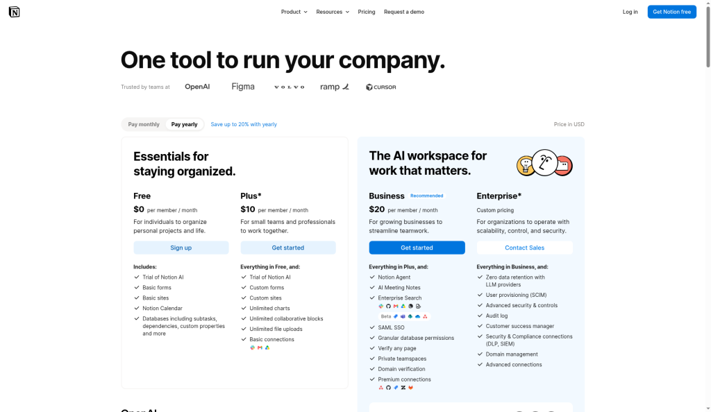 Notion pricing page showing Free at $0, Plus at $10, Business at $20 and Enterprise with custom pricing