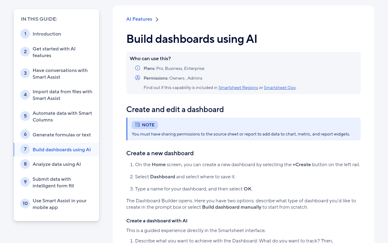 Smartsheet Help Center page titled Build dashboards using AI, listing Pro, Business and Enterprise plans and Owners and Admins permissions, with steps to create a new dashboard
