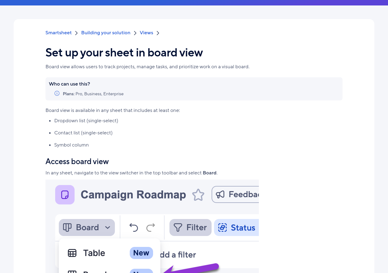 Smartsheet help page showing the Board option in the view switcher