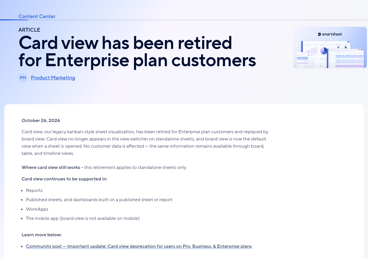 Smartsheet release note saying card view has been retired for Enterprise plan customers