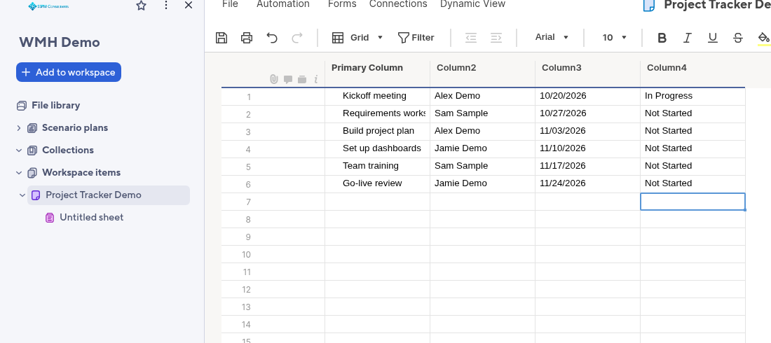 A demo Project Tracker sheet in Smartsheet with sample tasks, owners, dates and statuses under generic column names Column2, Column3 and Column4