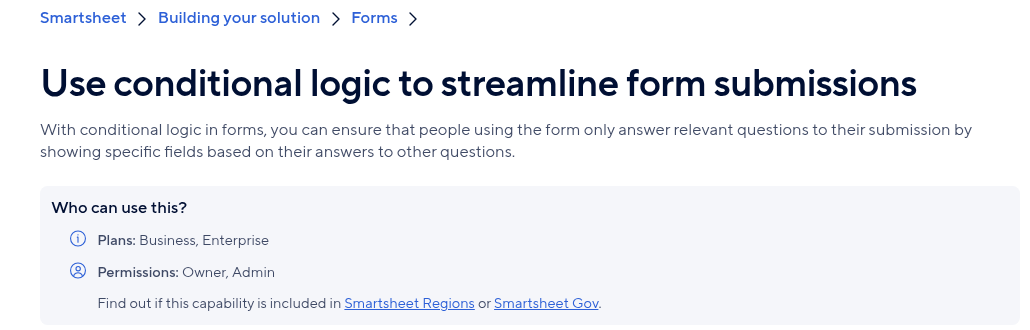 Smartsheet help page for conditional logic in forms showing that it is available on the Business and Enterprise plans for Owner and Admin users