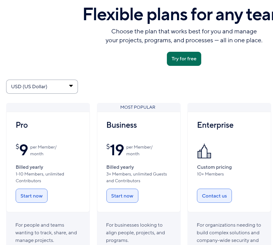 Smartsheet pricing page on October 17, 2026 on yearly billing showing Pro at $9, Business at $19 per member a month and Enterprise with custom pricing for 10 or more members