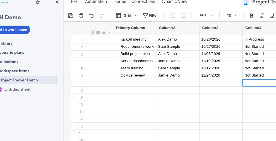 Smartsheet for Beginners in 2026: Your First Sheet in 30 Minutes A beginner project sheet in a Smartsheet demo workspace with sample tasks, owners, dates and status