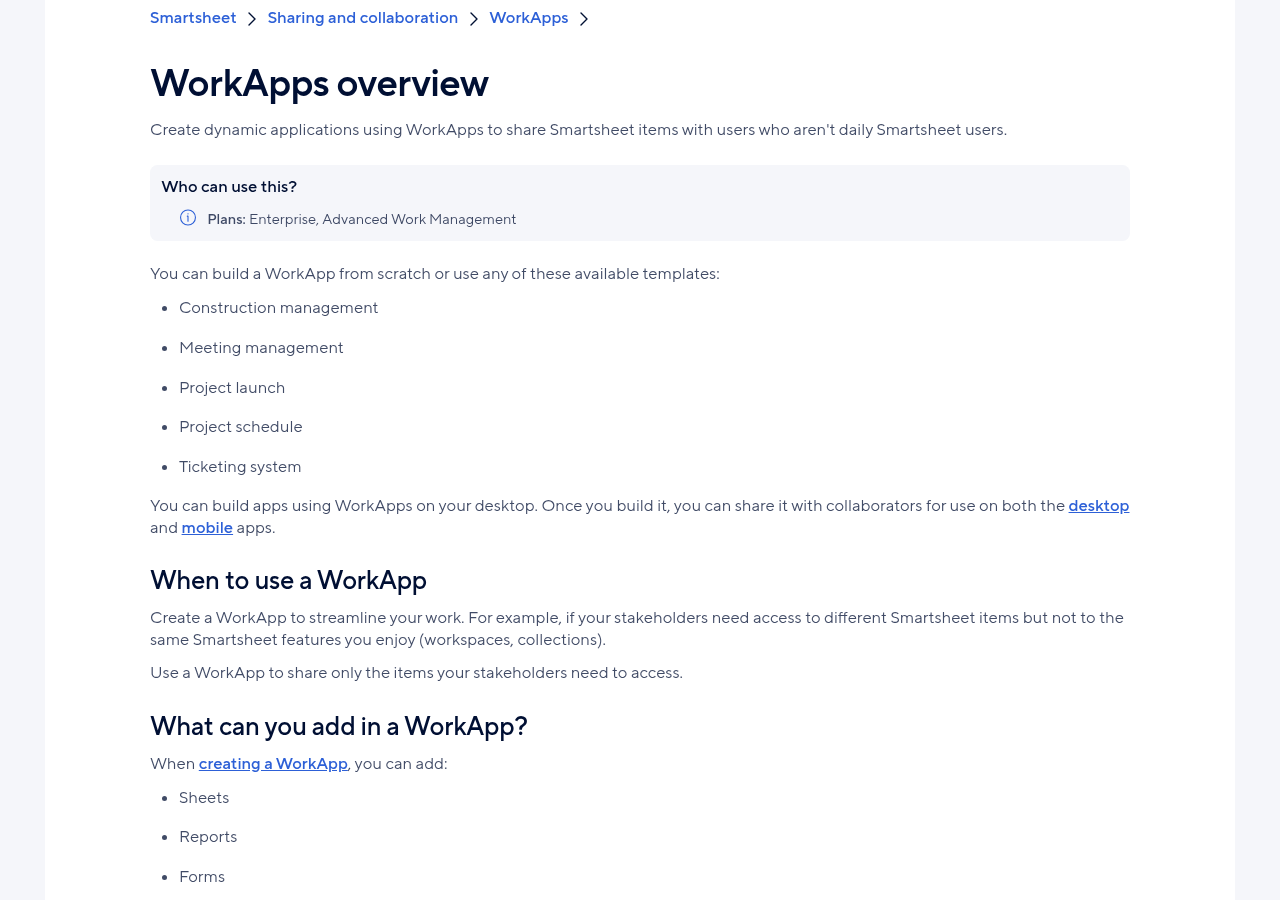 Smartsheet help page for WorkApps showing who can use it, Enterprise and Advanced Work Management plans, and the list of templates