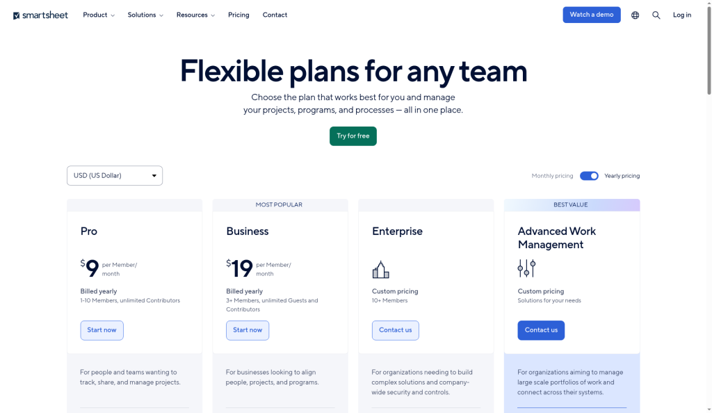 Smartsheet public pricing page showing plan names and prices, Oct 2026