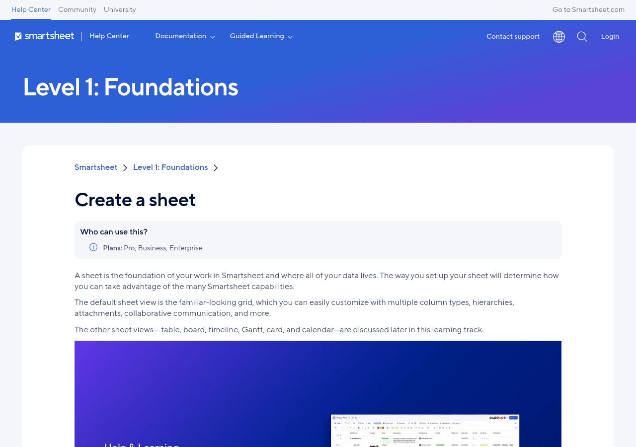 Smartsheet Level 1 Foundations: Create a sheet help page, October 2026