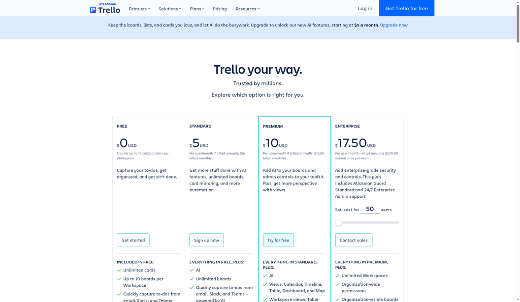Trello public pricing page showing plan names and prices, Oct 2026
