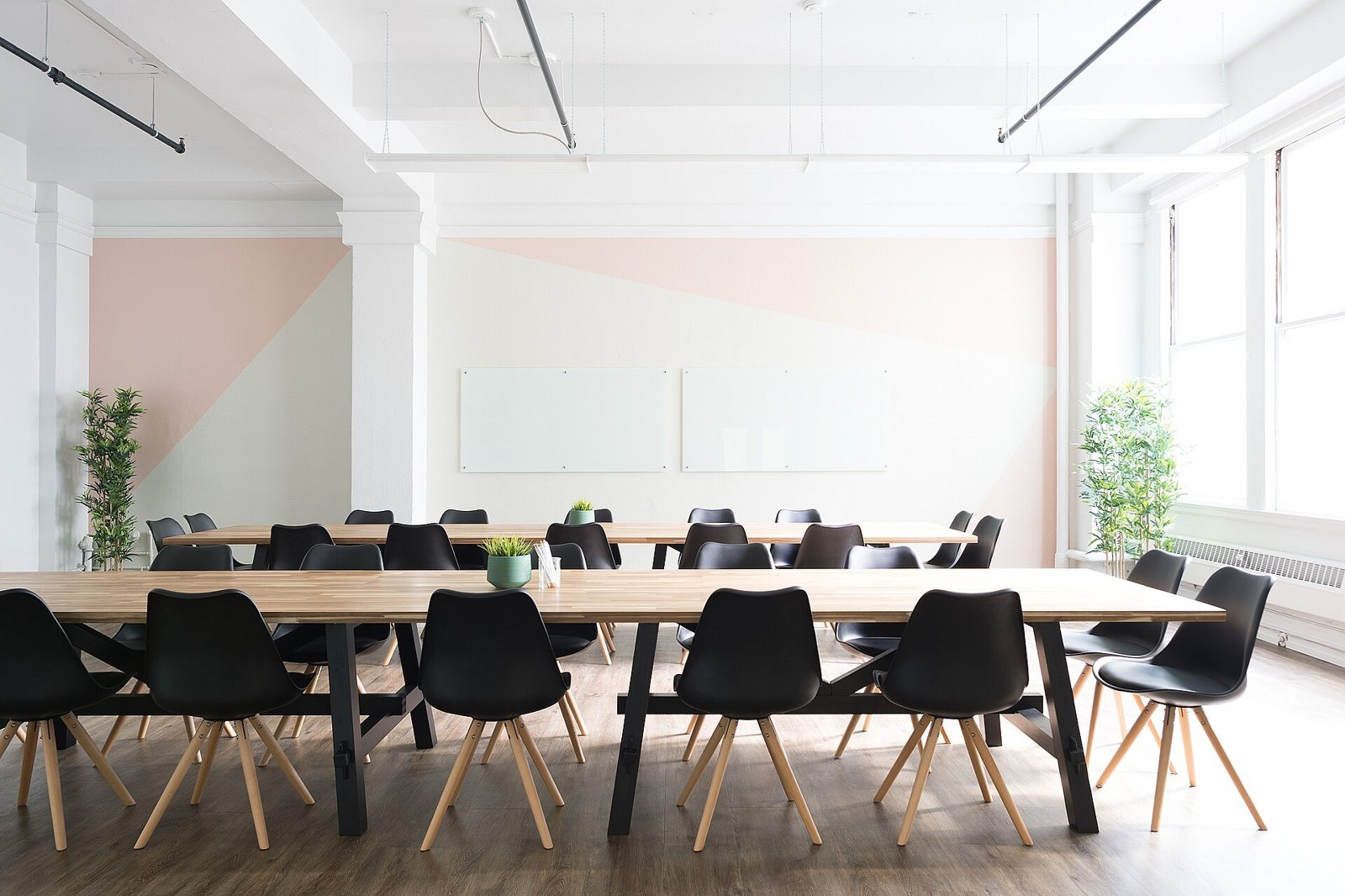 Empty meeting room with a long table and chairs