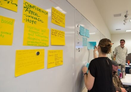 Sticky notes on a whiteboard during a planning workshop