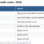 Table of monday vibe access, draft and publish rules, and AI credit cost per prompt by model