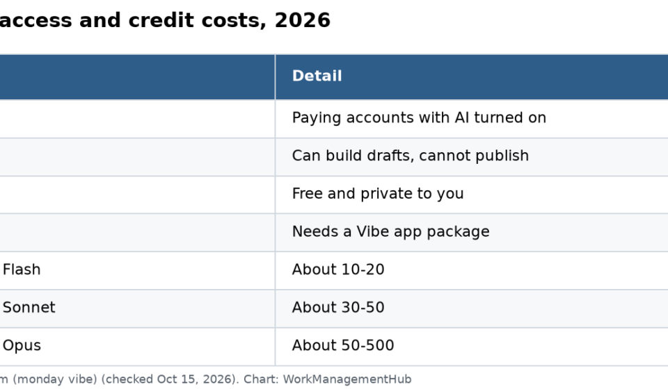 How to Build Custom Board Widgets with monday vibe in 2026 Table of monday vibe access, draft and publish rules, and AI credit cost per prompt by model