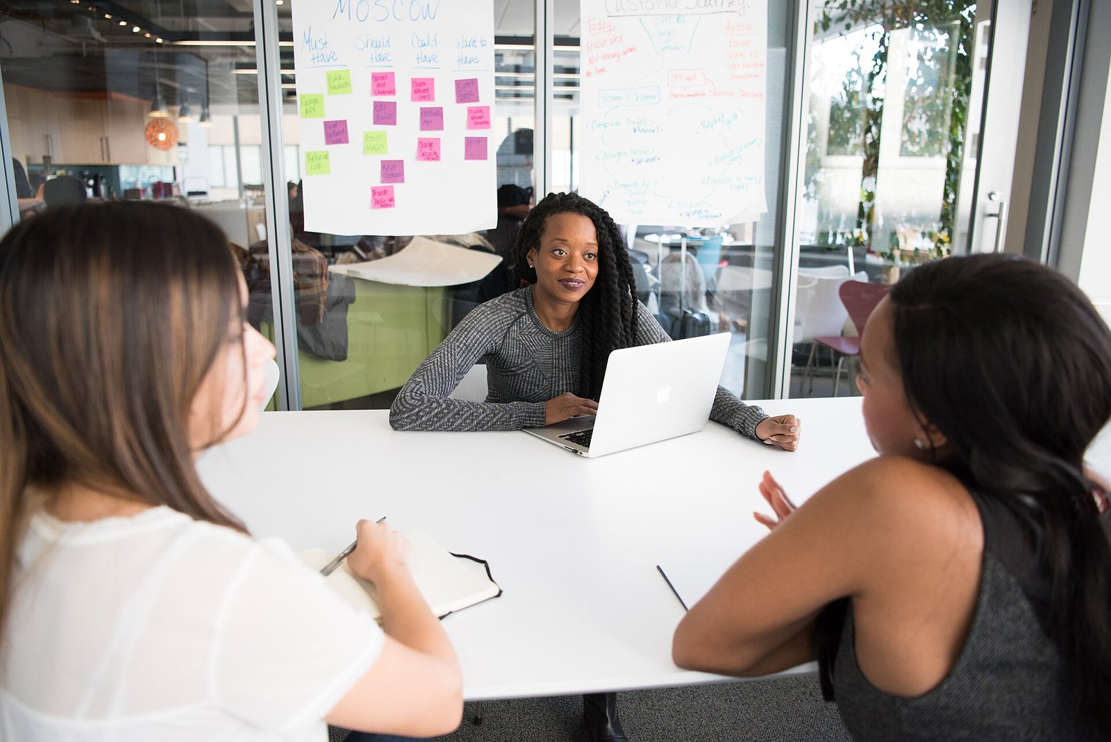Team gathered around a table with laptops and sticky notes during a planning session